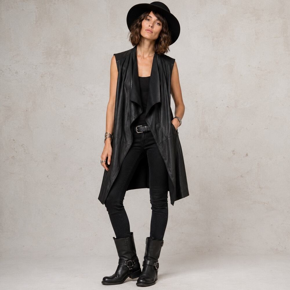 Vince Black Goat Leather Drape Vest Size S/P Quiet Luxury Dark Academia